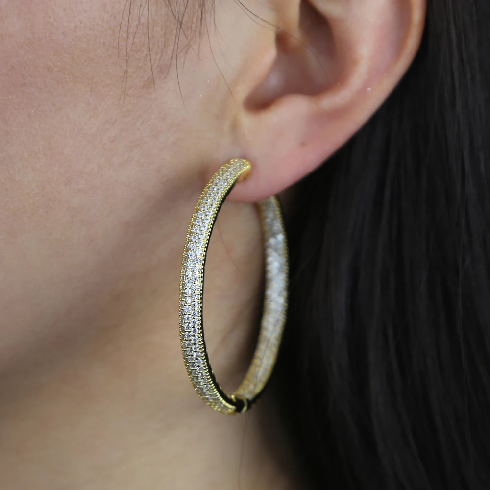 Wysokiej jakości Micro Pave Iced Out Bling cyrkonia Hoop kolczyk 50mm duże obręcze wspaniałe kobiety iskrzące kolczyki CZ — zdjęcie 7