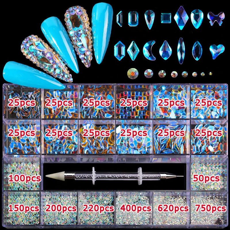 2800 teile/schachtel Luxus Strass Nail art Schmuck Set Glas Nagel Kristalle Box 3D Flache Glas Geformt Diamant Nägel Dekoration Edelstein – Detail 18