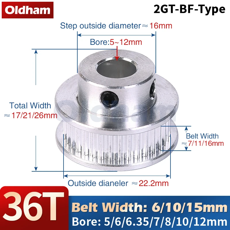 36 teeth 2GT Timing Pulley Bore 5mm 6/6.35/7/8/10/12mm for GT2 Open Synchronous belt width 6/10/15mm Small backlash 36Teeth 36T