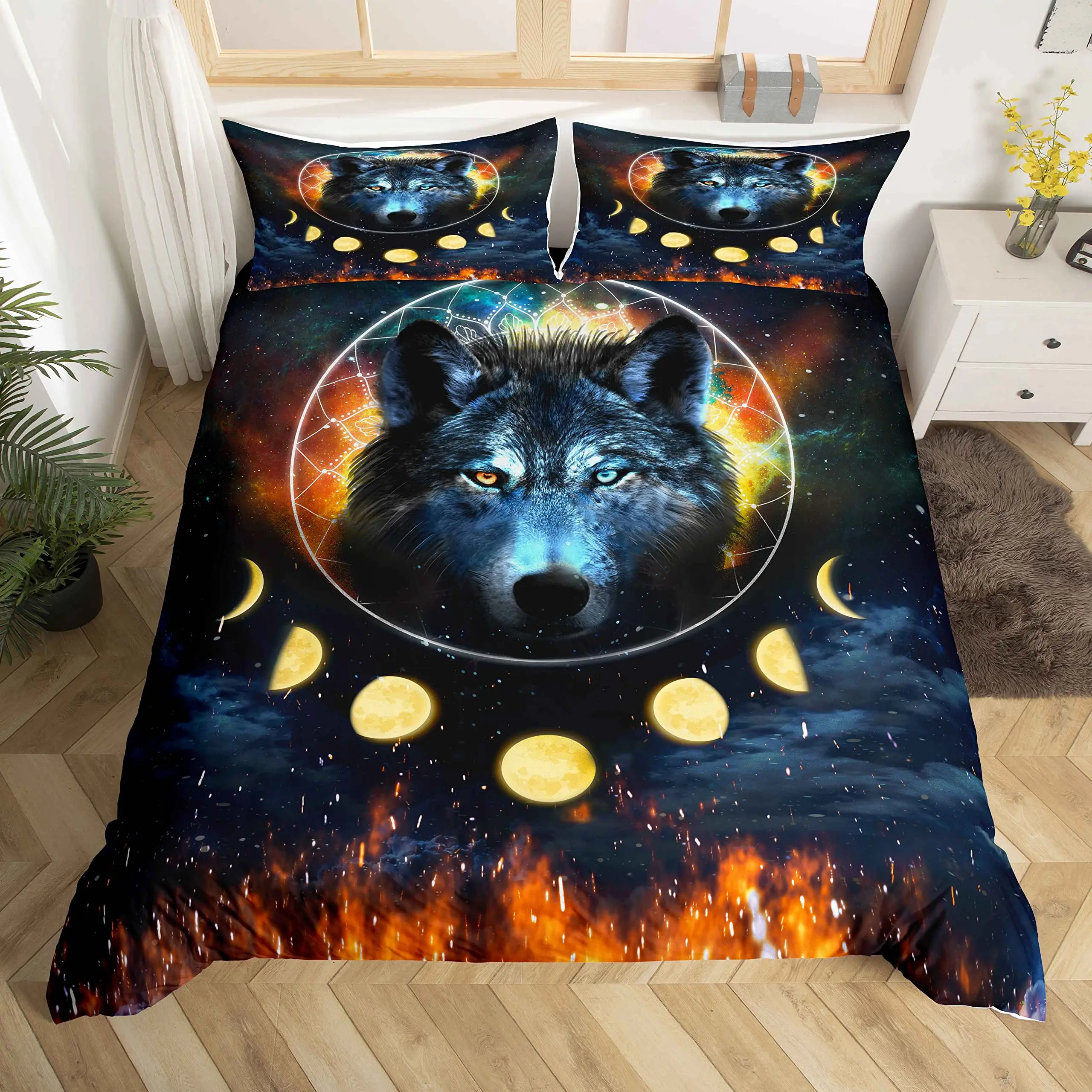 Imagem -03 - Galaxy Wolf Head Printed Duvet Cover Grupo Conjunto de Cama em Tamanho Completo para Meninos e Meninas Capa de Edredão Fronhas