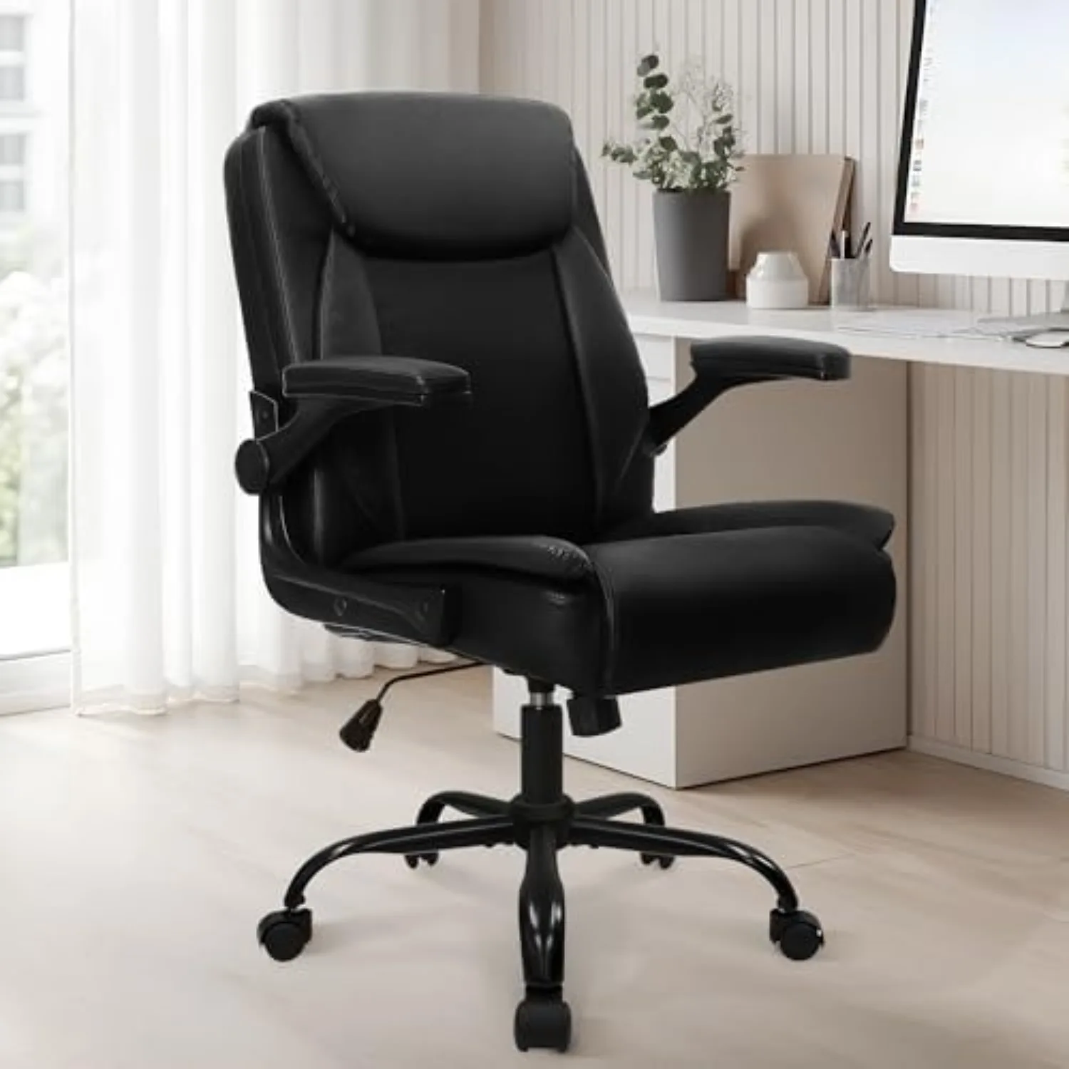 PU Leather Office Desk Chair with Adjustable Arms, All Black | Ergonomic Mid Back Computer Desk Chair Comfy with Wheels
