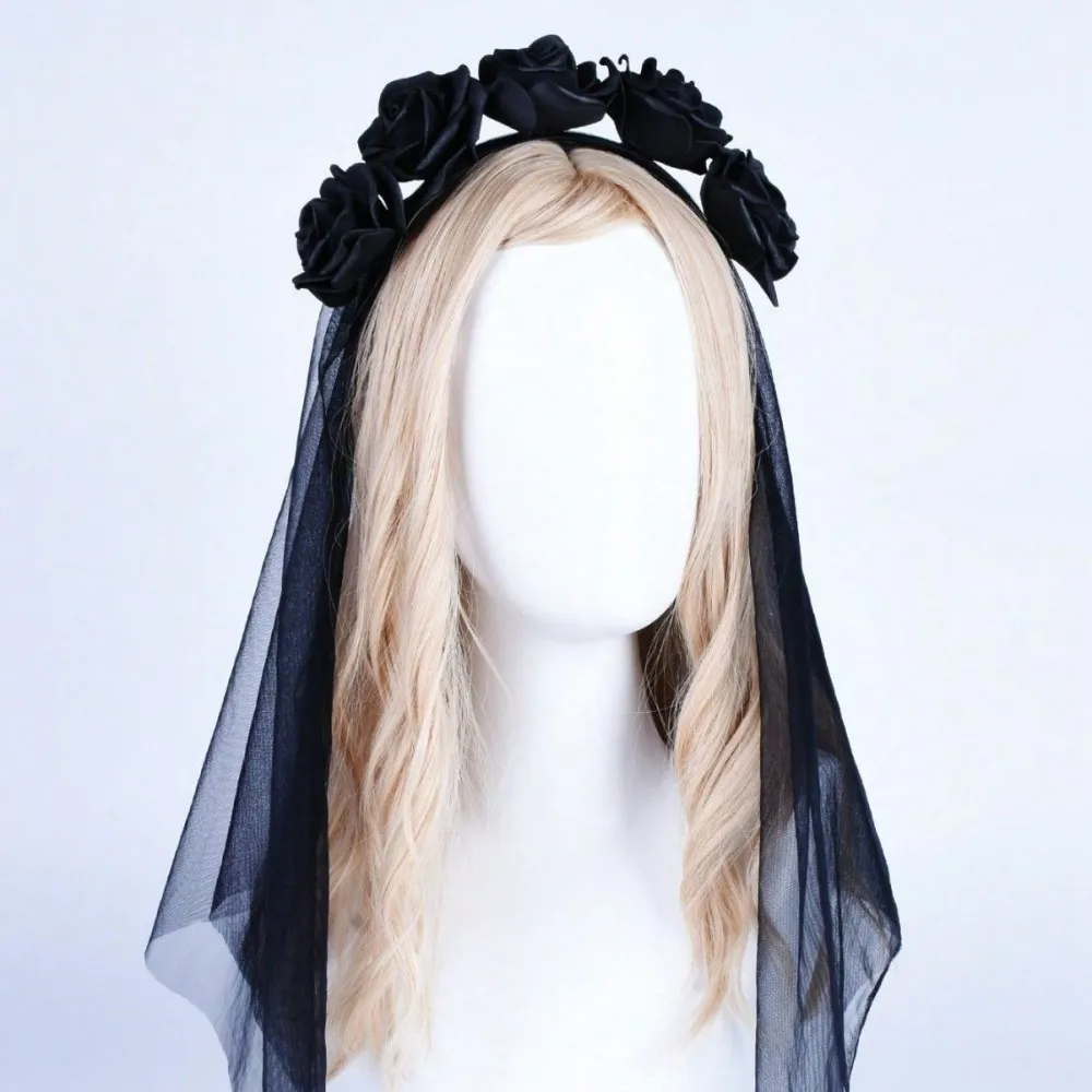 

Lace Black White Headdress Halloween Ghost Bride Witch Flowers Headdress Wedding Carnival Costume Party Bride Veil Cosplay Prop