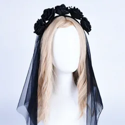 Lace Black White Headdress Halloween Ghost Bride Witch Flowers Headdress Wedding Carnival Costume Party Bride Veil Cosplay Prop