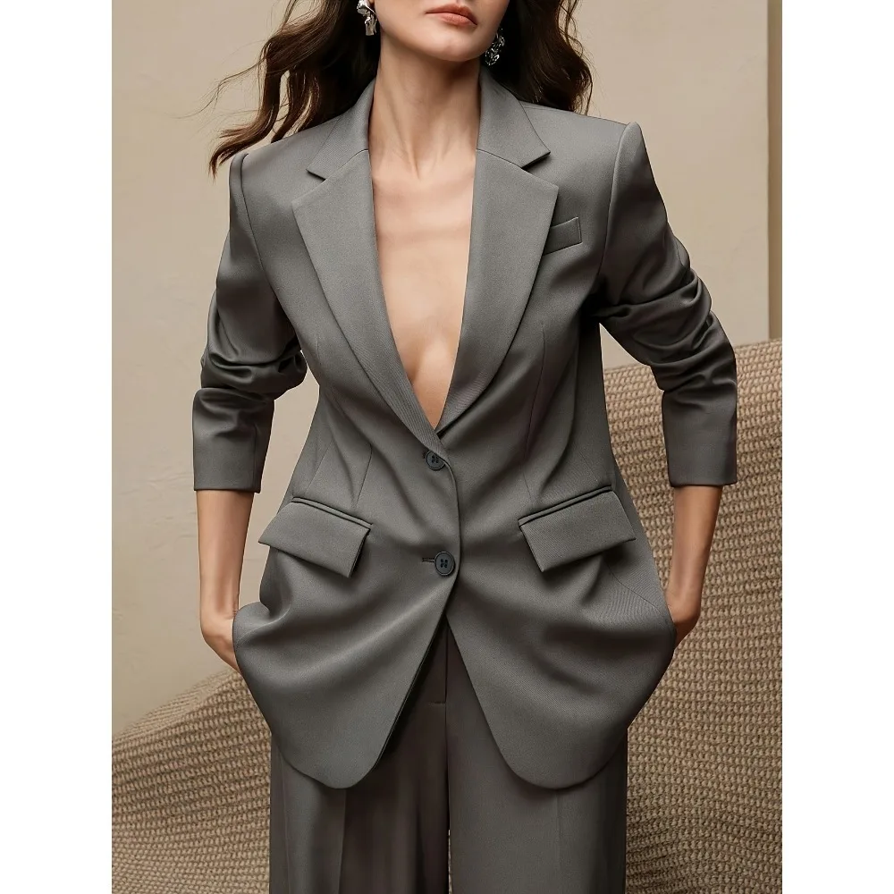 2-piece Women's Solid Color Single-breasted Elegant Commuting Suit Set, Murad Colored Blazer + Straight-leg Pants, Women's Autum