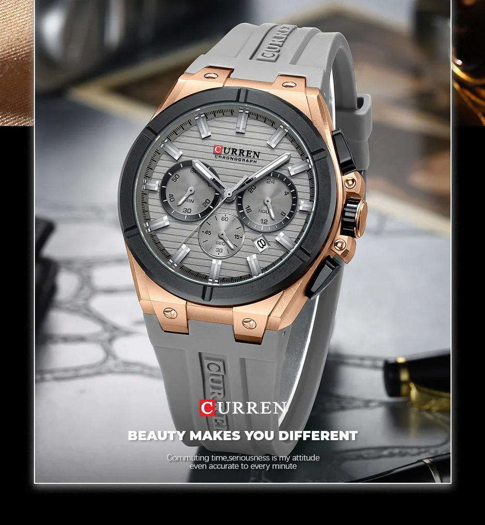 CURREN Herren-Luxus-Chronographenuhr mit 44-mm-Gehäuse, modische Quarz-Armbanduhr, lässiges Sport-Silikonarmband mit automatischem Datum. – Detail 11