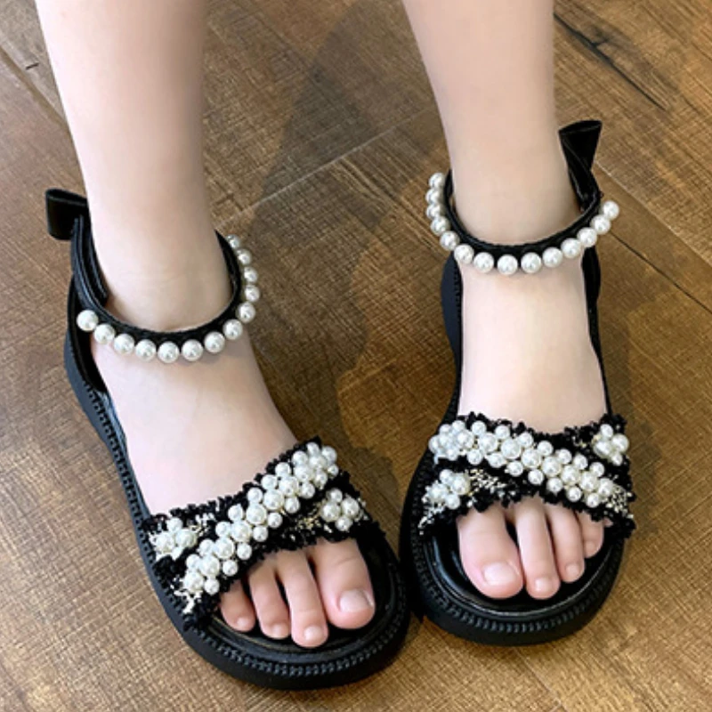 Children Summer New Sandals for Girls Fashion Pearls Beading Soft Platform Kids Casual Open-toe Beach Party Shoes with Bow-knot