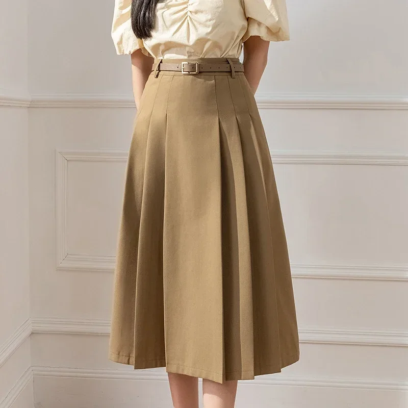 

Korean Fashion Women's Pleated Long Skirt with Belt 2023 Elegant Casual Big Swing Office Work Saias Longas Female Khaki L621