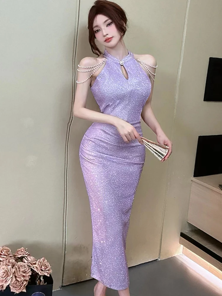 Women Purple Luxury Beading Neck-mounted Sexy Dress Spring Summer Elegant Dance Party Dress 2024 Korean Vintage Bodycon Vestidos