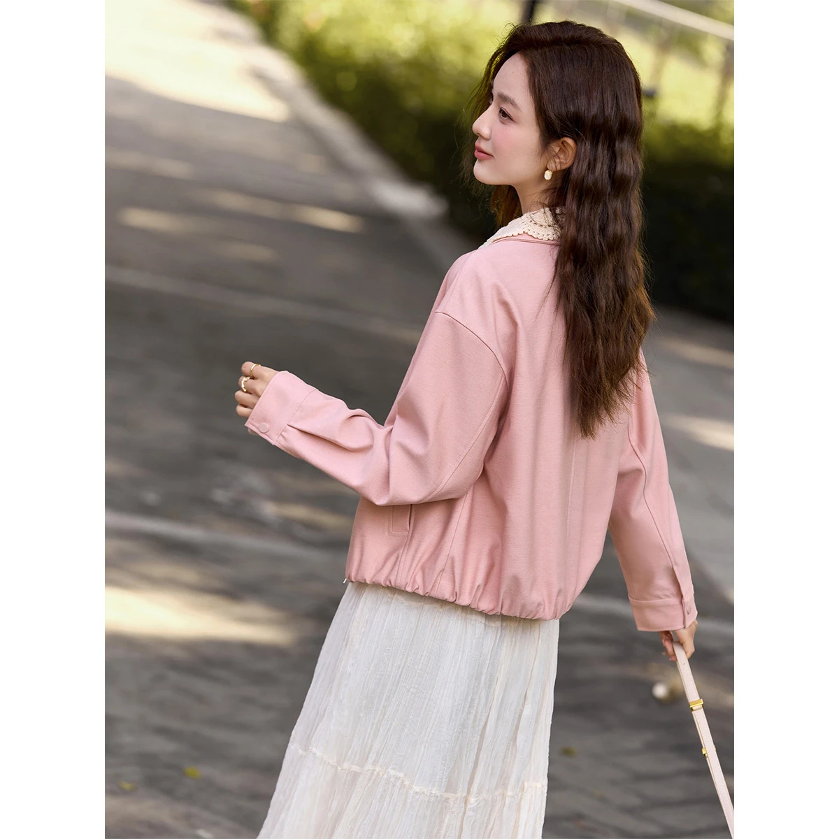 VIMLY Women's Pink Short Jacket 2026 Spring Fall French Style Removable Lace Collar Zip Up Short Coats Ladies Outerwear  A3752