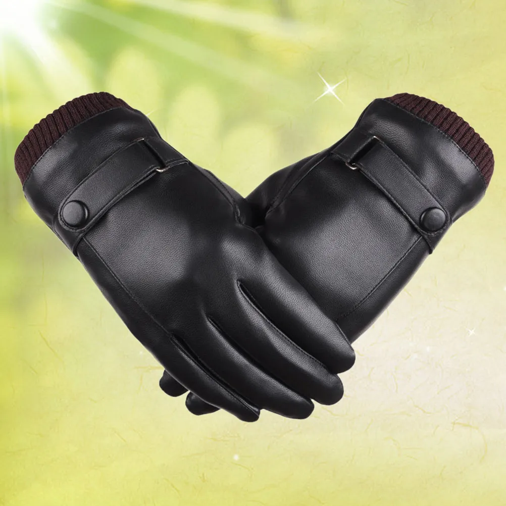 Winter Gloves Cycle Gloves PU Faux Men Black Warm Driving All-finger Conductive Tips Thick Fleece Lining