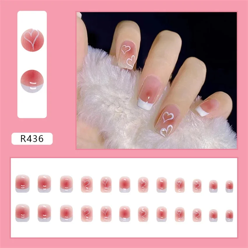 

24Pcs/Set Short Section Pink Translucent Sweet Adhesive Fake Nails Full Cover Wearing False Nails Handmade Press on Nails Tips