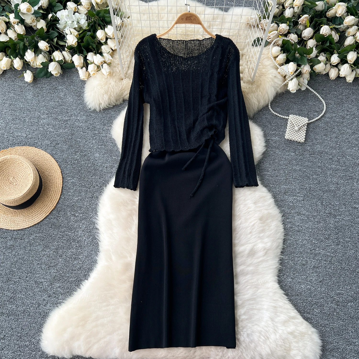 French Vintage Shirring lool sleeve slip knit overcoat with sweet slip A-line Chic Casual Vacation Women Summer dresses