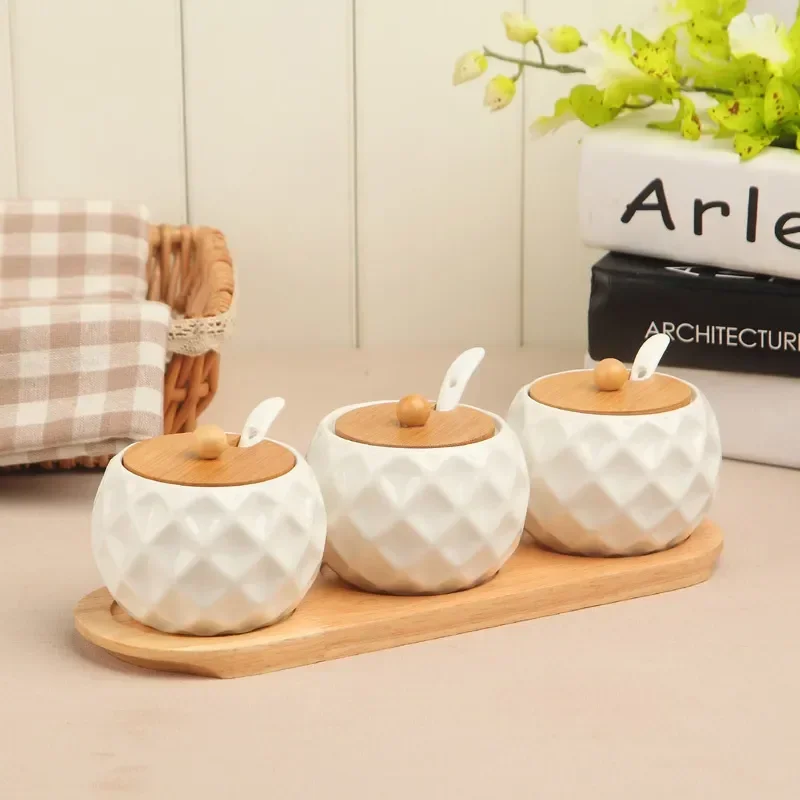 1-6pcs/Set Ceramic Seasoning Jar Kitchen Supplies Spice Box Kit with Wood Tray 190ml Sugar Can Salt Shaker Chili Storage Pot - view 4