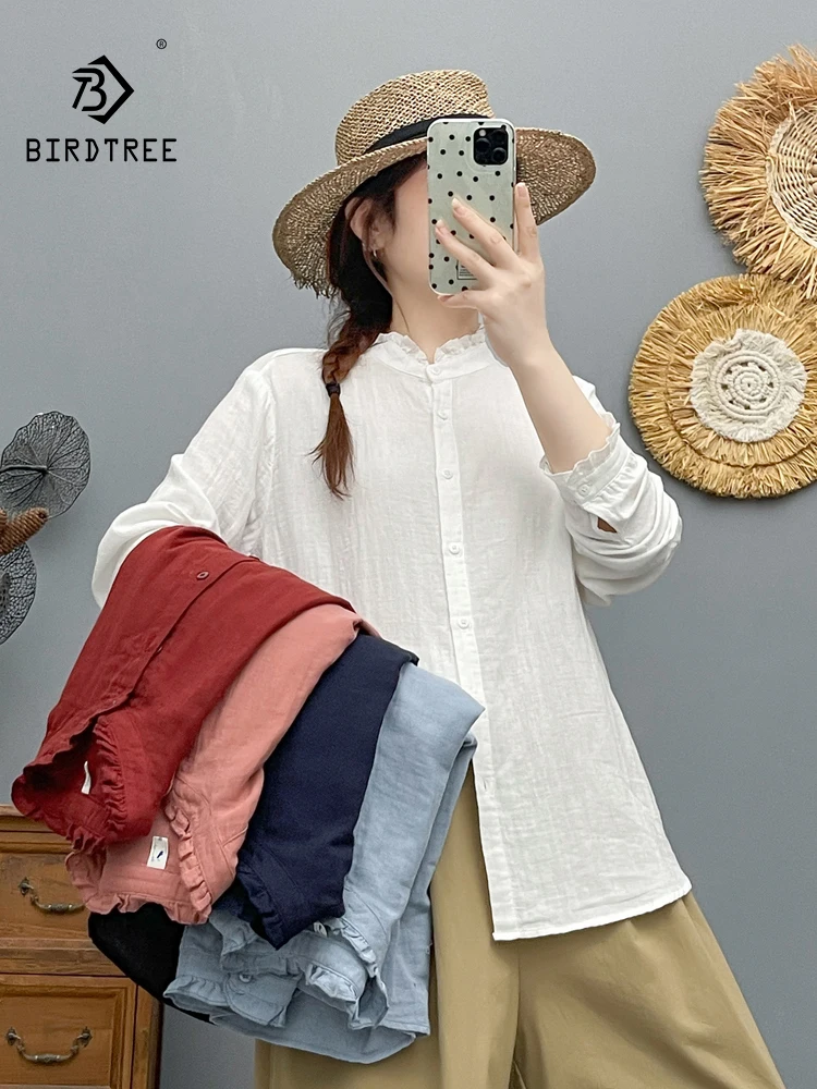 

New 2025 Autumn Cotton Yarn Long Sleeve Shirt, Women Stand Ruffles, Mori Girl French Temperament Versatile Loose Blouse T58982CC