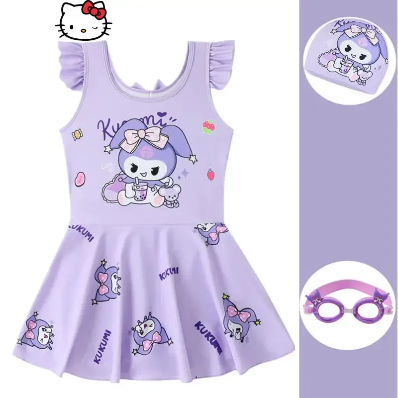 

Купальник с короткими рукавами для девочек в стиле аниме Sanrio, детская новая модная шапочка для плавания Kuromi Kawaii, быстросохнущие очки для плавания