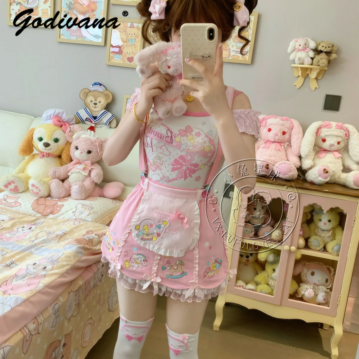 Vestiti per ragazze Lolita T-shirt a maniche corte senza spalline stampata carina Gonna con cinturino dolce Grembiule Set mini abito con bretelle da donna