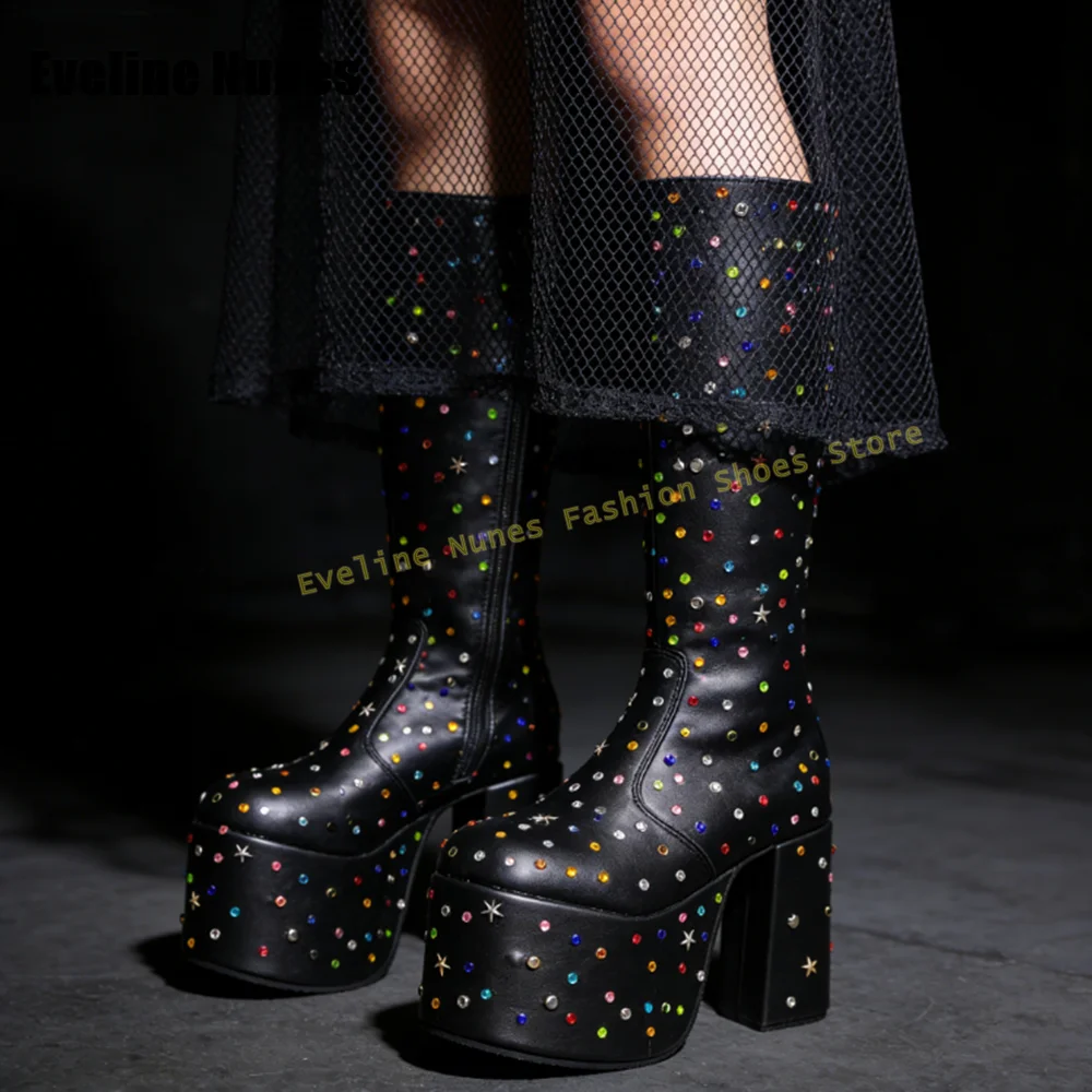 Multi Color Rhinestone Platform Boots Round Toe Block Heels Zipper Closure Patchwork Gothic Style Knee High Boots 2026 Y2K Trend