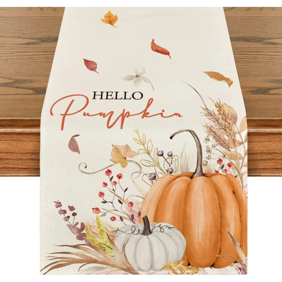 

Artoid Mode Hello Pumpkin Flowers Leaves Thanksgiving Table Runner Seasol Fall Harvest Vintage Kitchen Dining Table Decoration