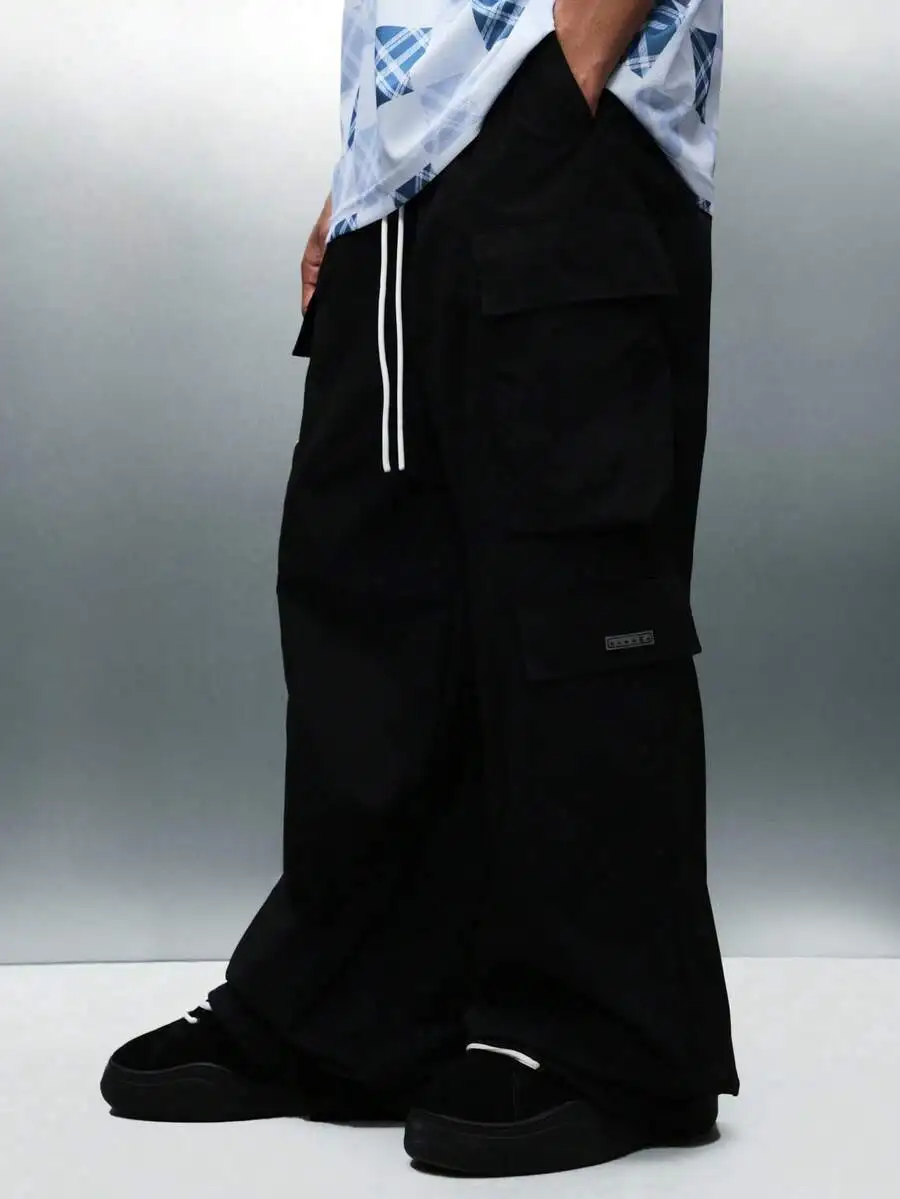 Wide Leg Cargo Pants With Multiple Pockets Nylon Fabric Drawstring Waist Streetwear Oversized Black