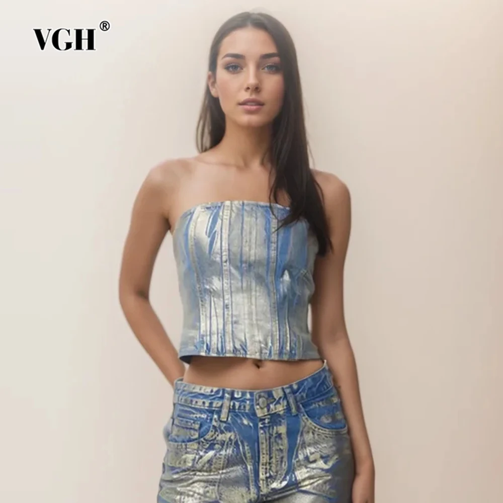 VGH Sexy Hit Color Patchwork Zipper Denim Tank Tops For Women Strapless Sleeveless Backless Slimming Short Vests Female Style