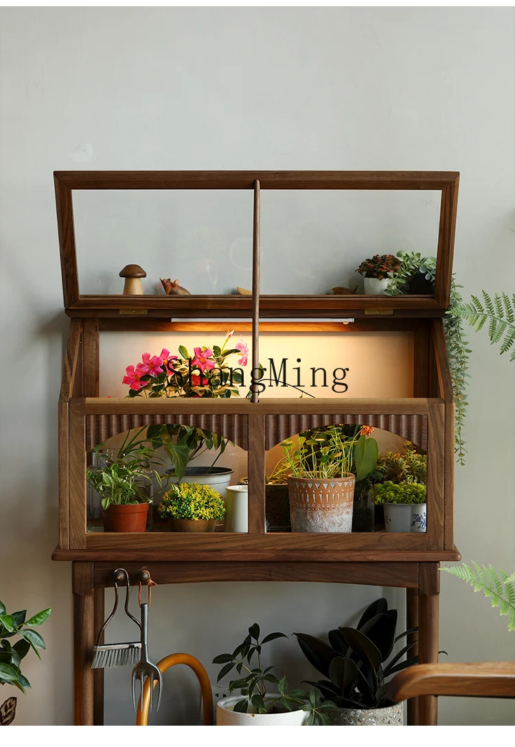 LXY retro black walnut balcony glass flower stand courtyard storage floor succulent plant insulation rack