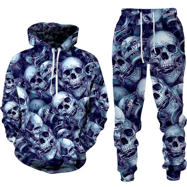 Autumn Winter Men Punk Hoodies Suit Skull 3D Print Tracksuit/Pants Goth Skeletons Long Sleeve Pullover Oversize Kids Sets