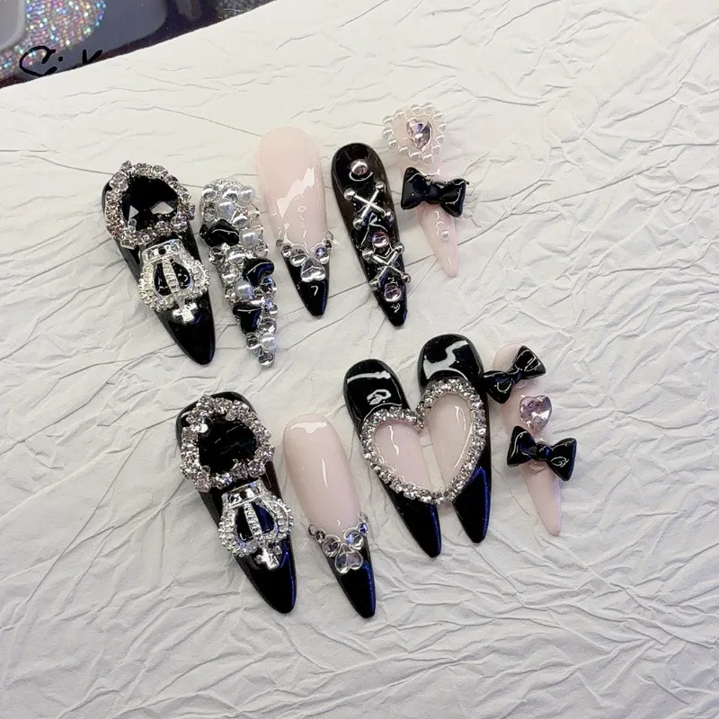 10 uñas postizas hechas a mano, estilo spicy girl, negro y rosa, largas, almendra, con moño metálico pesado 2