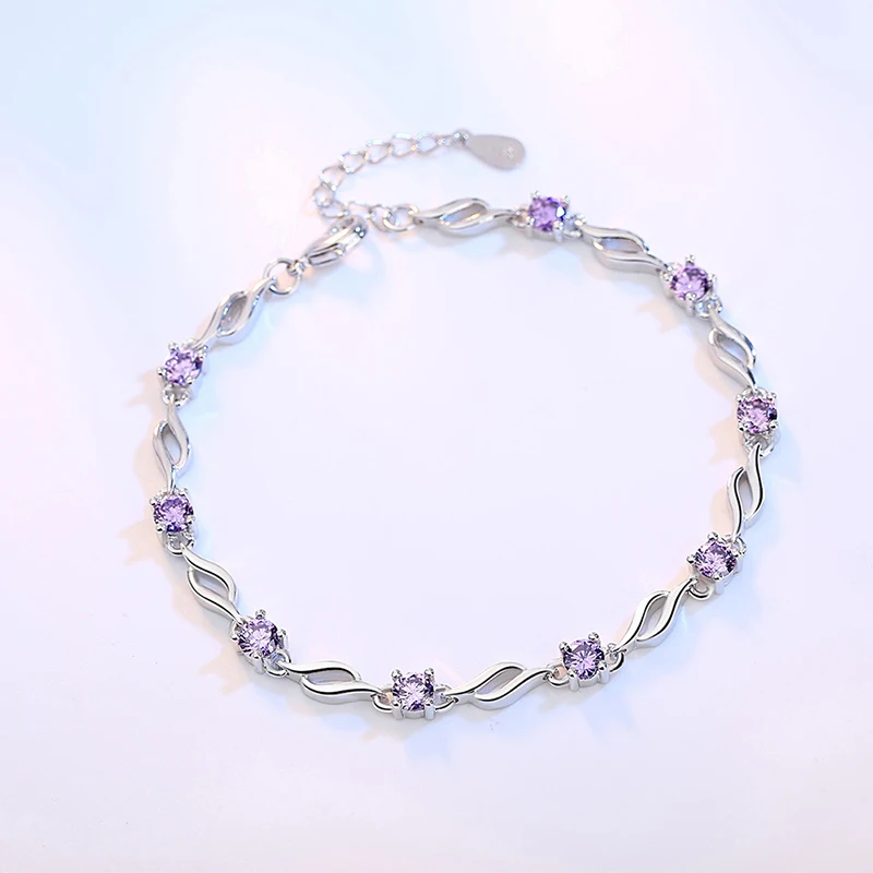 Geometric Link-Chain Bracelets Jewelry For Women White/Purple Zirconia Twisted Joint Female Trendy Simple Style Hand Bracelet