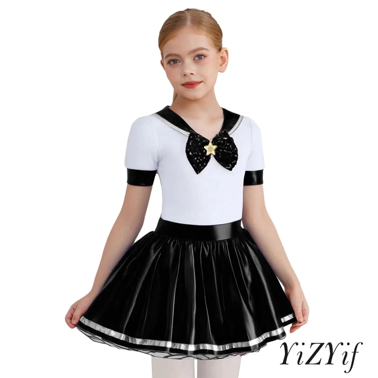 

Little Girl Sailor Play Dress Twirl Puffy Sleeve Design Colorblock Glossy Fabric Removable Bow Tie & Snap Closure Shorts