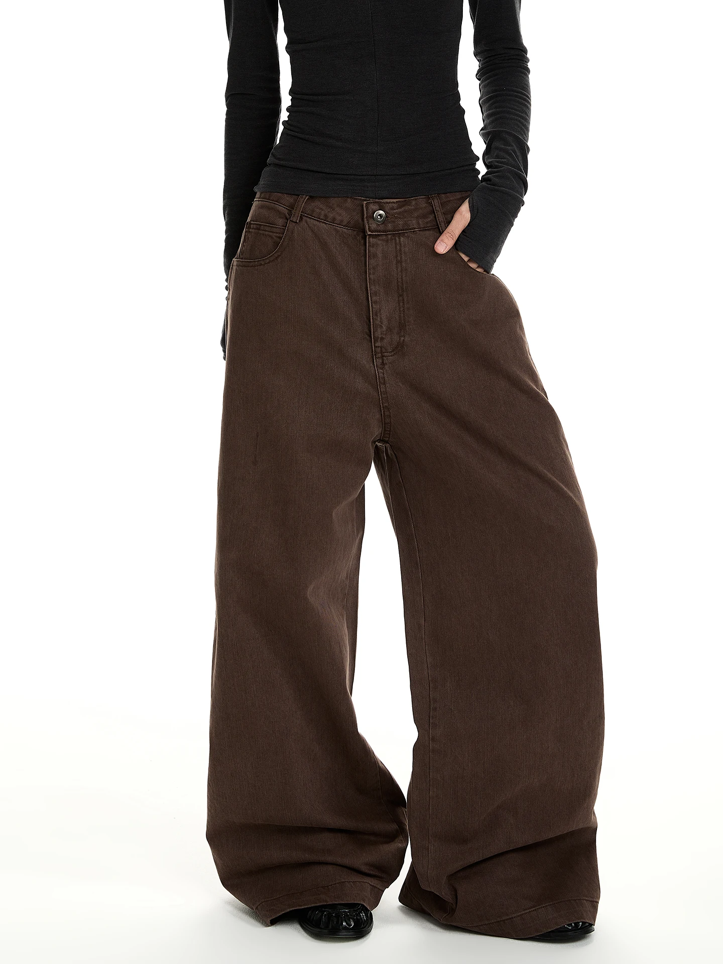 

Винтажные мужские брюки PUEE с эффектом потертости, прямого кроя, свободные, широкие, повседневные, в стиле ретро, из хлопка, с высокой талией, на молнии