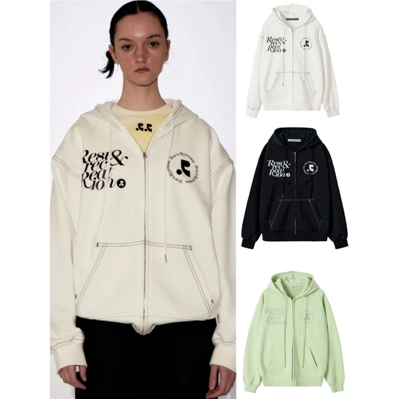 

Unisex Coat Rest and Recreation Letter Print Zip Up Hooded Sweatshirt Fashion Simple Loose Casual Jacket for Mens and Womens