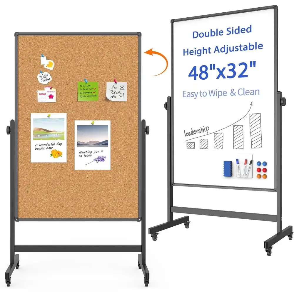 

48x32 Inch Dual-Surface Whiteboard and Corkboard with Adjustable Height, Mobile Magnetic Dry Erase Board for Office and Classroo