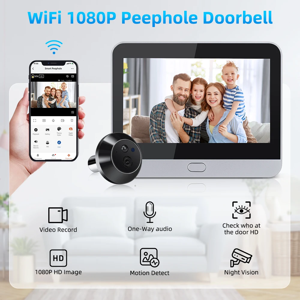 Elecpow Smart Home Tuya WiFi Peephole Camera Doorbell Camera 1080P 4.3Inch PIR Night Vision Motion Detection Digital Door Viewer