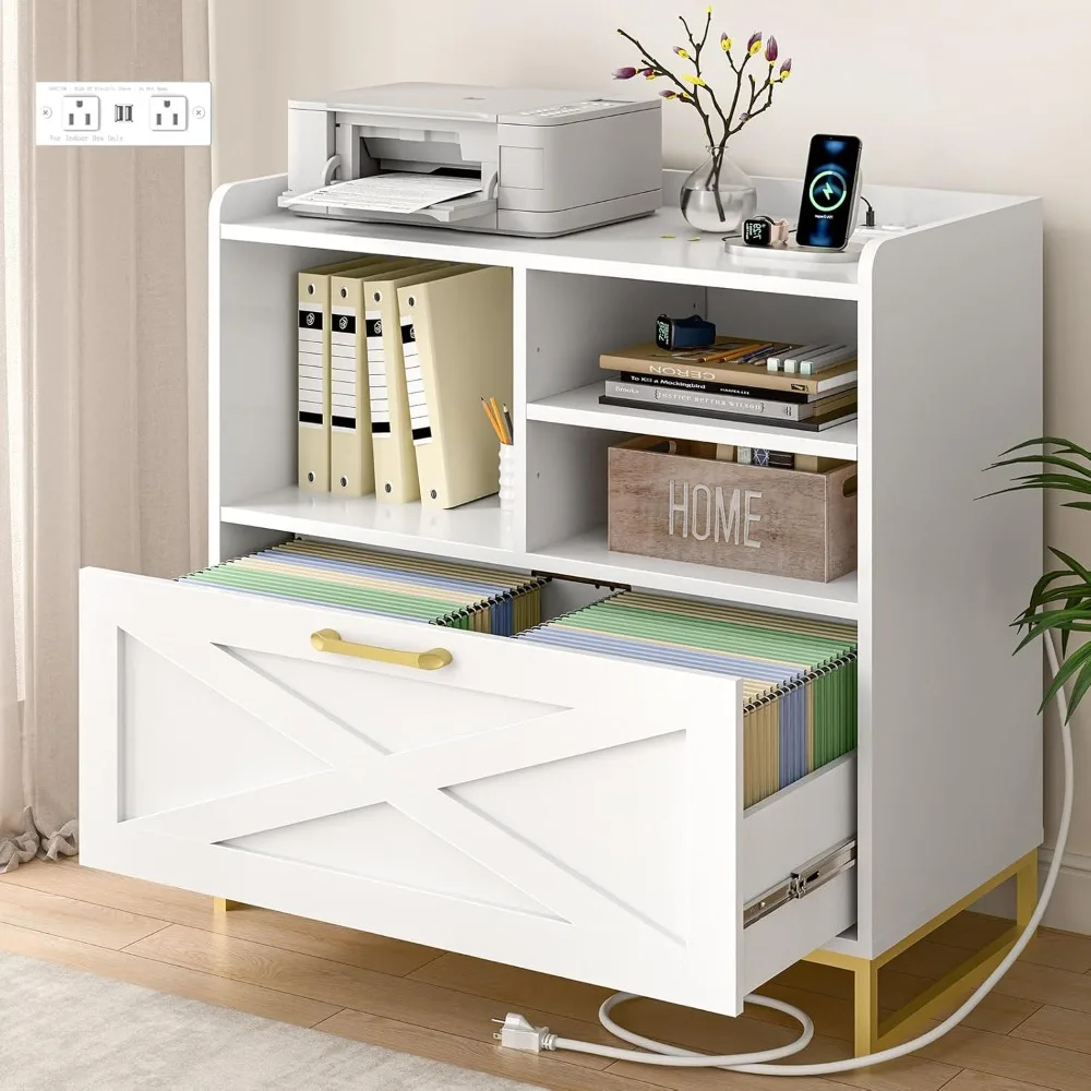 

Lateral File Cabinet A Large Drawer File Cabinet with Charging Station for Home Office Furniture, Modern Farmhouse Wood File Sto