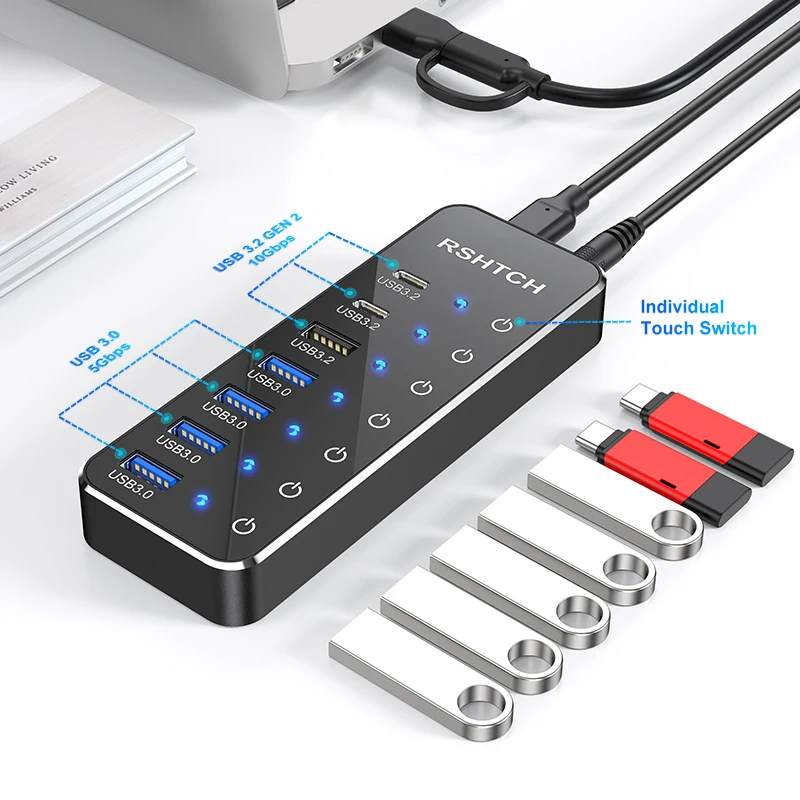 Imagem -03 - Rshtech-usb tipo c Hub com Toque Individual on e Off Switches Extensão Usb tipo c Splitter 10gbps Dados Macbook Mac