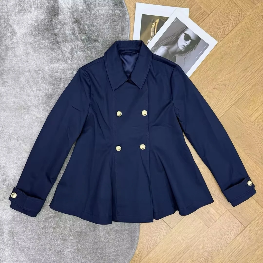 2026 New Autumn Elegant Navy Blue A-line Style Trench Coat with Double Row Gold Buckle Design Chic Casual Cotton Outwear