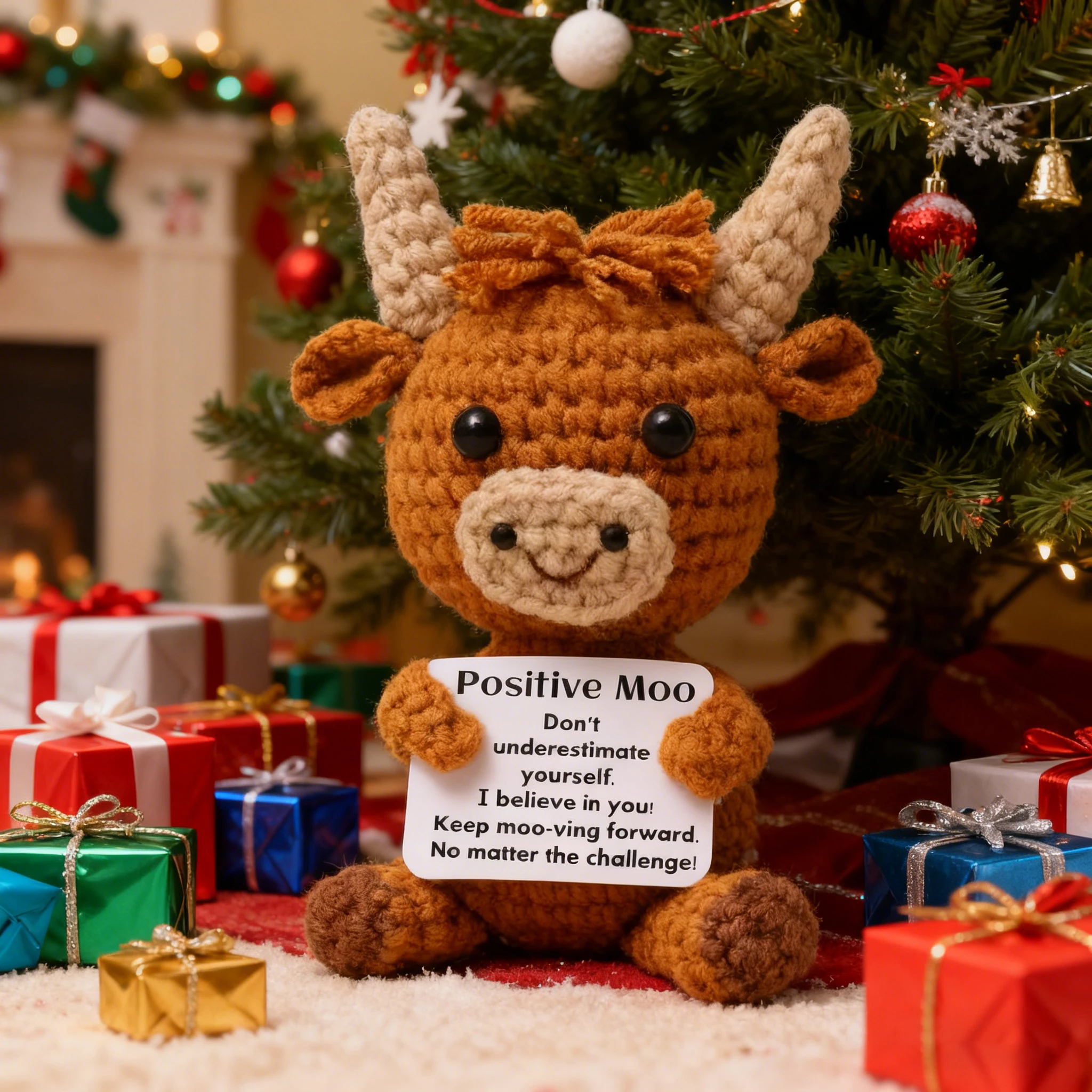 

2Pc Mini Fun Highland Cow Weaving Doll with Positive Energy Card Creative Cute Crochet Doll Emotional Student Christmas Gift