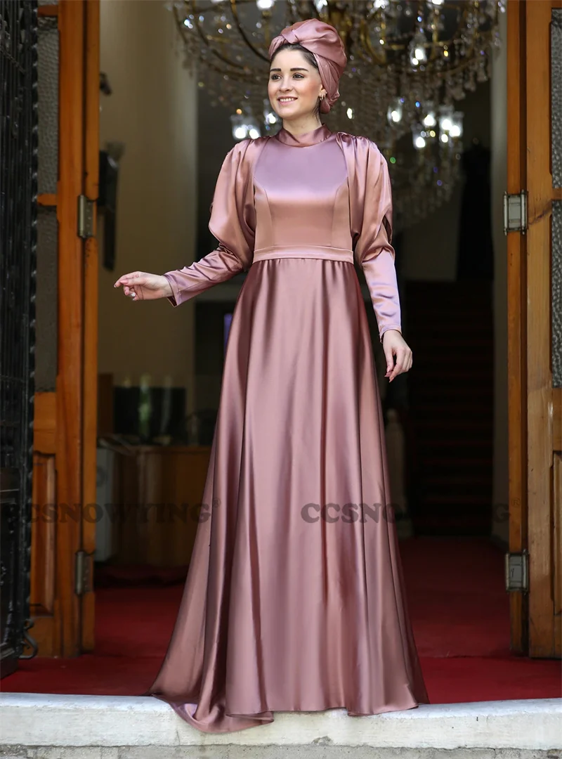 

Simple Stain Muslim Evening Dress Islamic Long Sleeve A Line Hijab Prom Formal Party Gown Arabic Dubai Women Moroccan Caftan