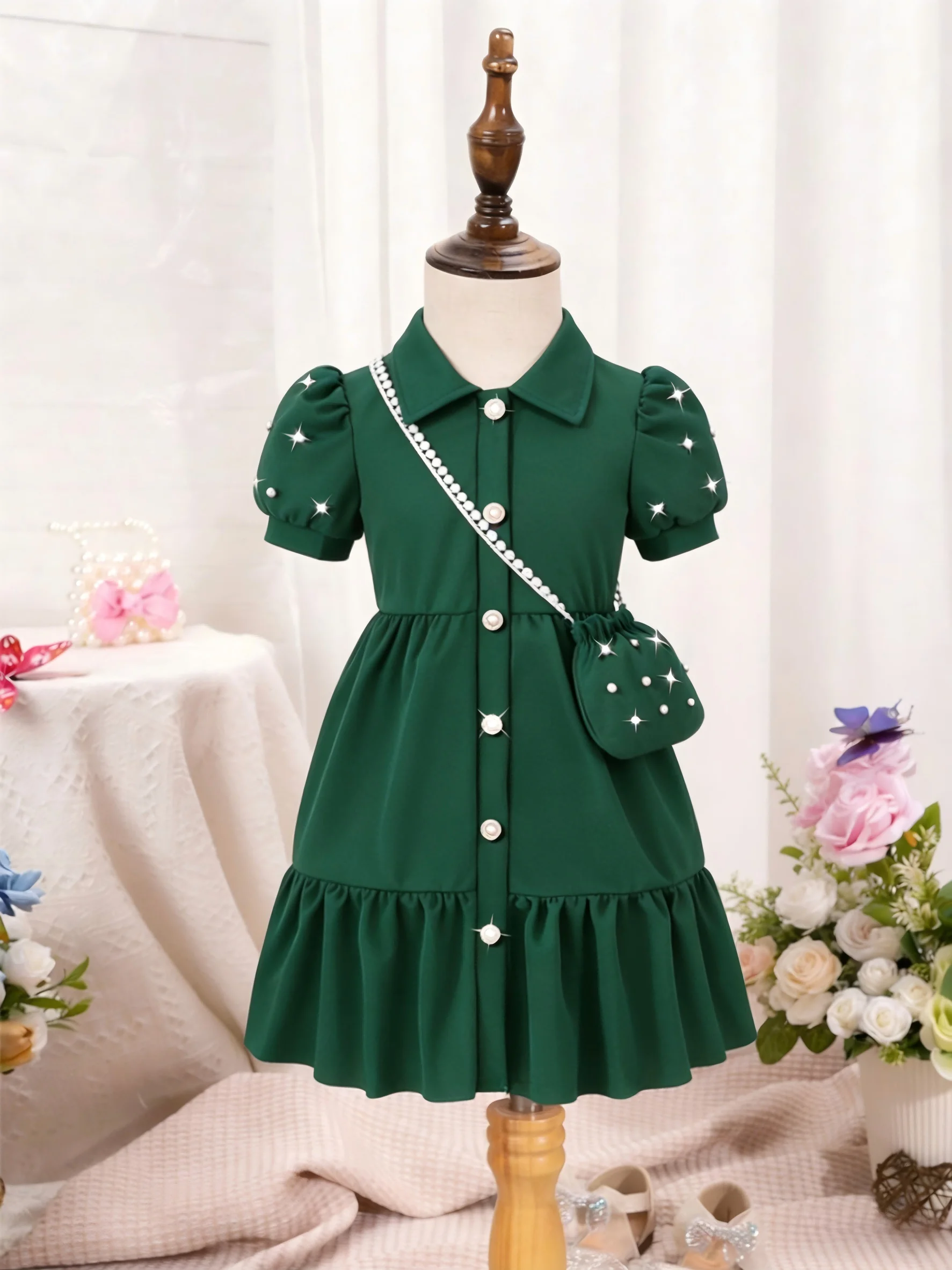 

4-7 Years Girls Green Everyday Dress - Pearl Cuffed + Free Crossbody Bag Casual