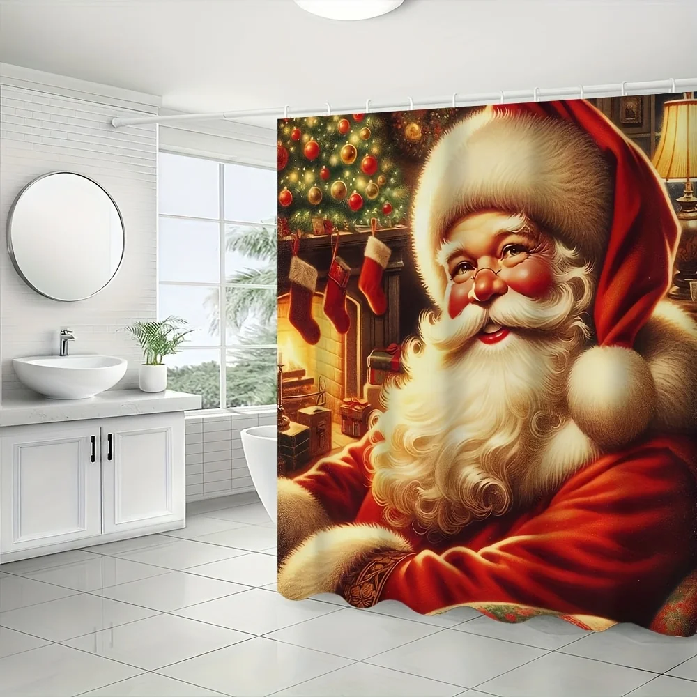 4pc Santa Shower Curtain Set, Christmas Bathroom Decor, Xmas Gift, 12 Hooks Included