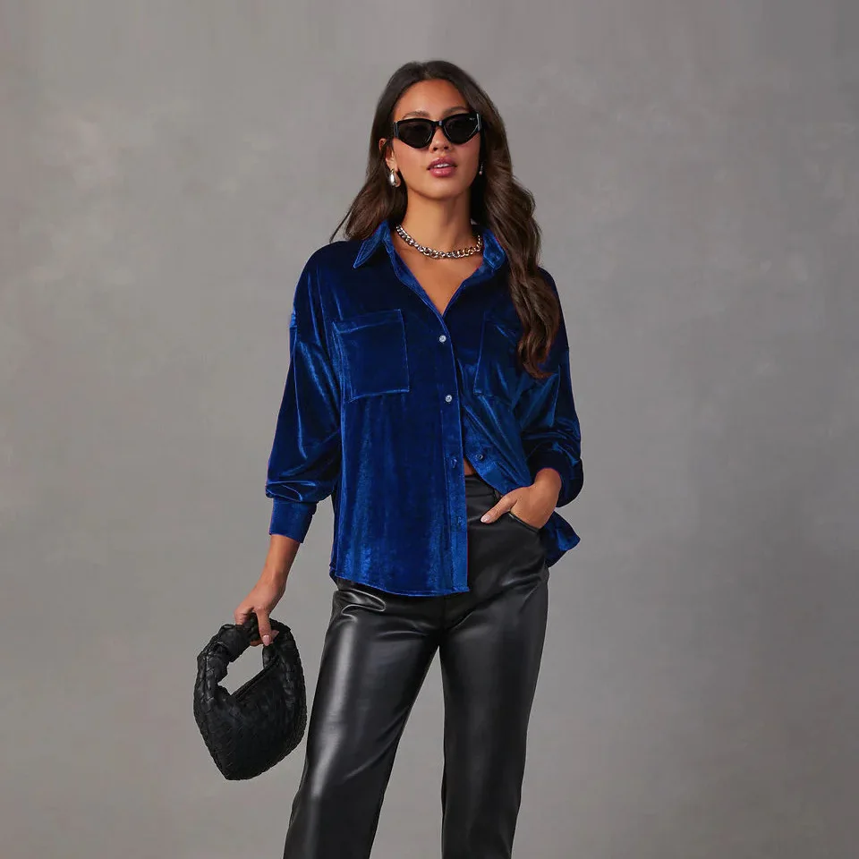 Women's short, loose, intellectual-style long-sleeved blouse shirt with velvet surface, buttons and pockets.( E24C0647 1 piece)