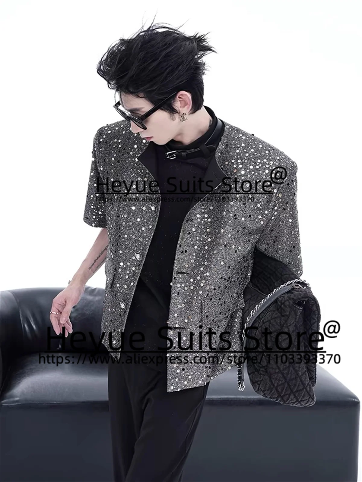 Shiny Sequin Korean Style Luxuly Men Suits loose Elegant Prom Party 2 Pieces Sets Casual Male Blazers trajes de boda de hombre