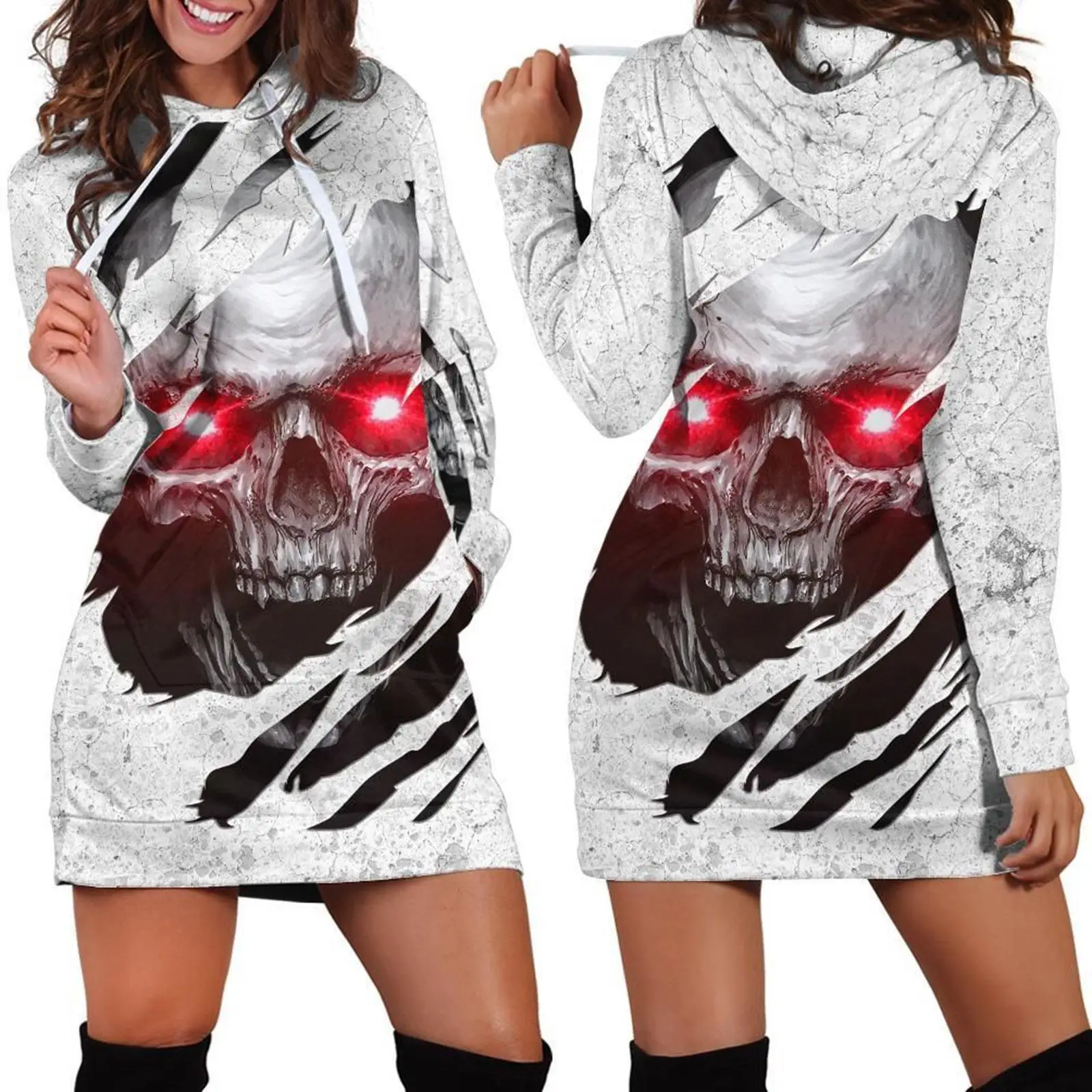 Autumn Winter Women Skull Hoodies Dress Halloween Long Sleeve Pullover Hooded Sweatshirts Women's Y2k Clothes