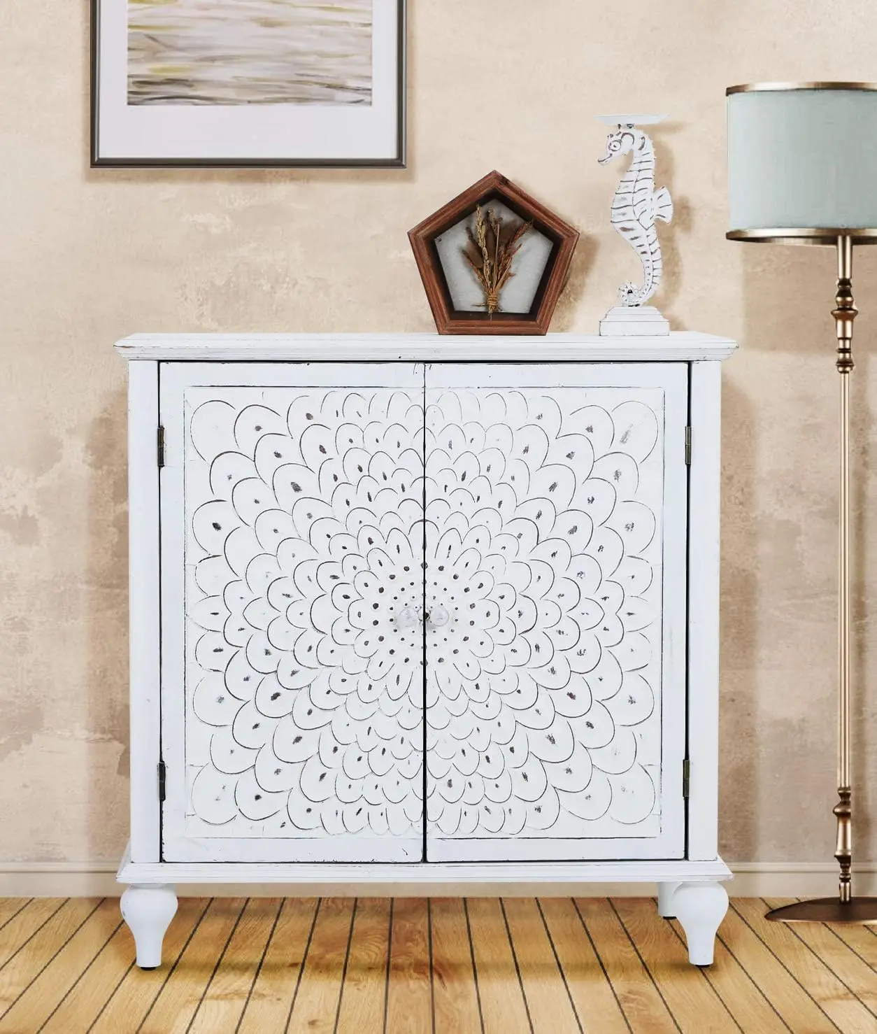 Cabinet with Doors, Distressed Display Storage Cabinet with Wooden Frame and Carved Finch Feather Patterns for Entryway