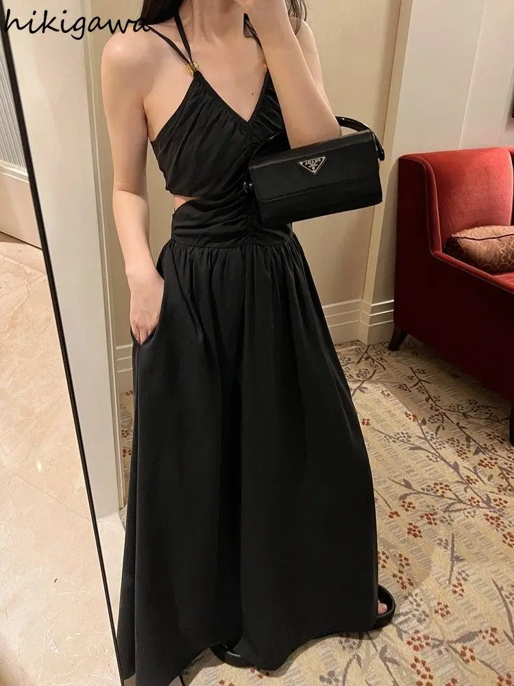 فستان صيفي من Vestidos De Mujer لعام 2025 ملابس نسائية بخصر عالٍ طيات بدون أكمام وظهر مثير رداء نسائي فساتين ماكسي عصرية