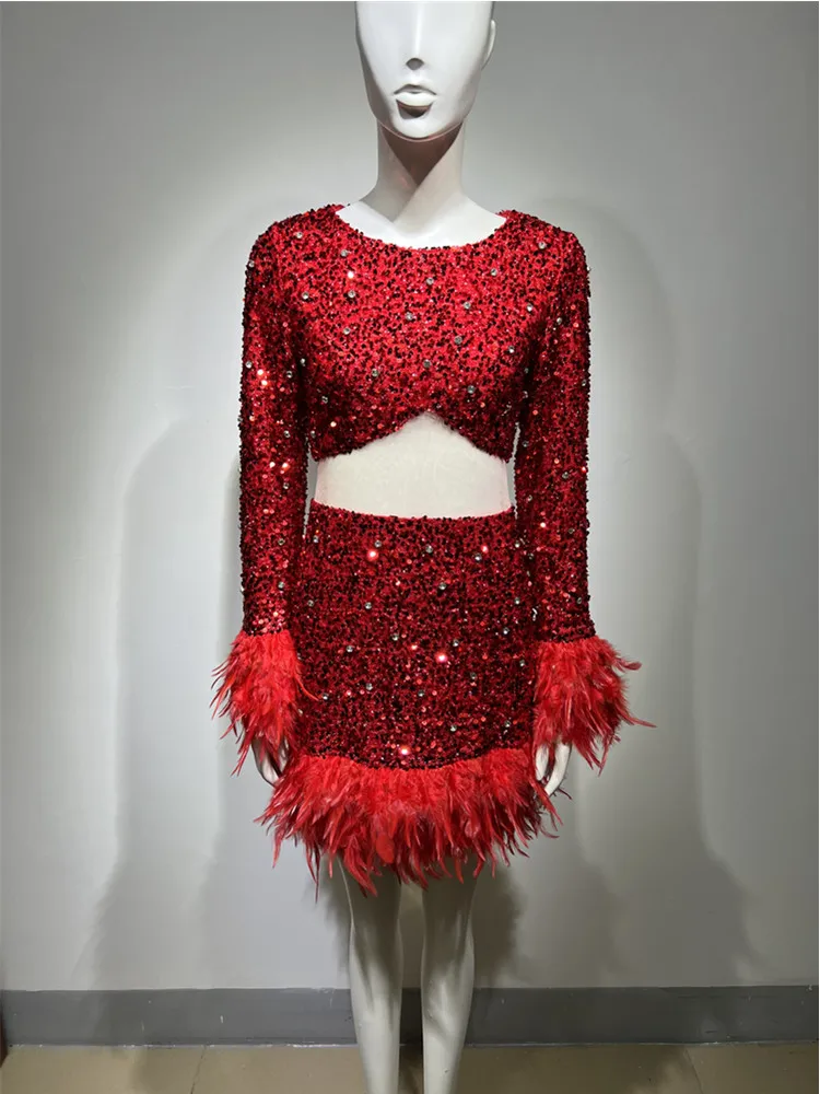 Women Red Fake 2 Piece Dress Long Sleeve O Neck Sequined Cut Out Bodycon Furry Dresses Luxury Evening Party Dancer Stage Costume