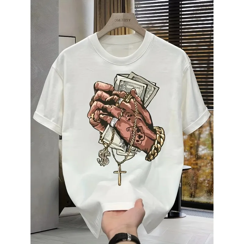 

3D Printed Fashionable Casual Sports Loose O-neck Short Sleeved Breathable Quick Drying T-shirt with Banknotes and Hand Patterns