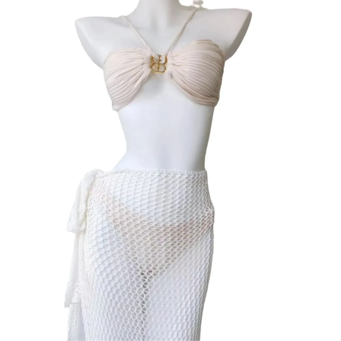

New Sexy Beige Bandeau Bikinis Three Pieces Swimsuit with Mesh Skirt Women Swimwear Beach Wear Bathing Suits Korean Bikini Set