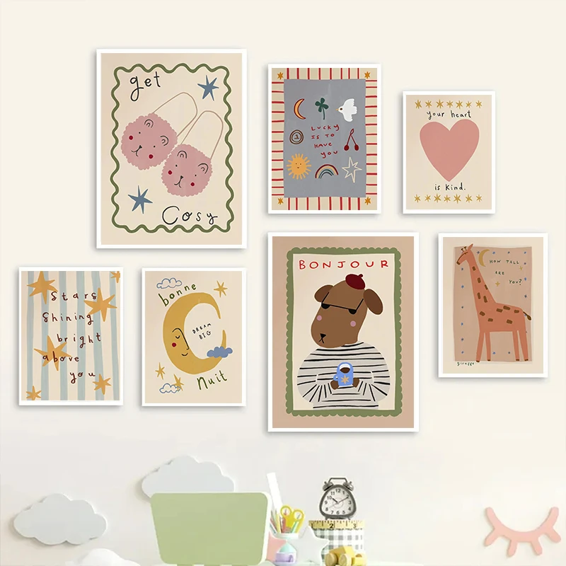 Bohemian Sun Moon Animal Cartoon Illustration Poster Prints Canvas Painting Wall Art Picture Living Kindergarten Room Home Decor