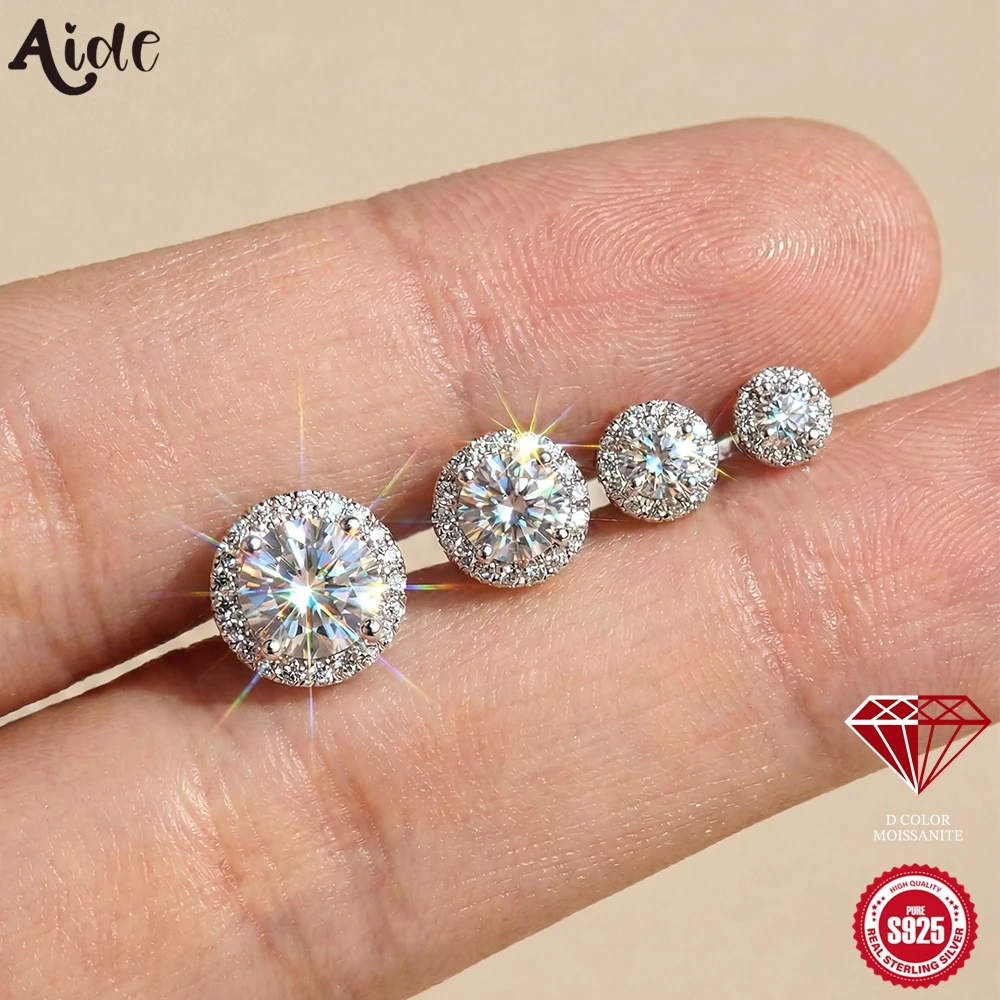 Aide 1 Piece 925 Sterling Silver D Color Moissanite Halo Stud Earrings Graduated Size Earring Lab Created Diamond Bridal Jewelry